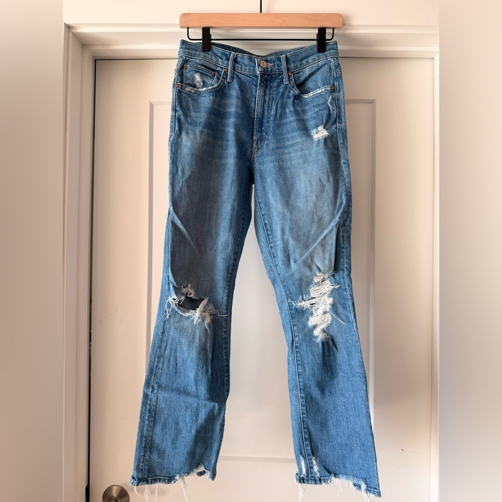 MOTHER Women's Straight Leg Distressed Jeans in Medium Blue